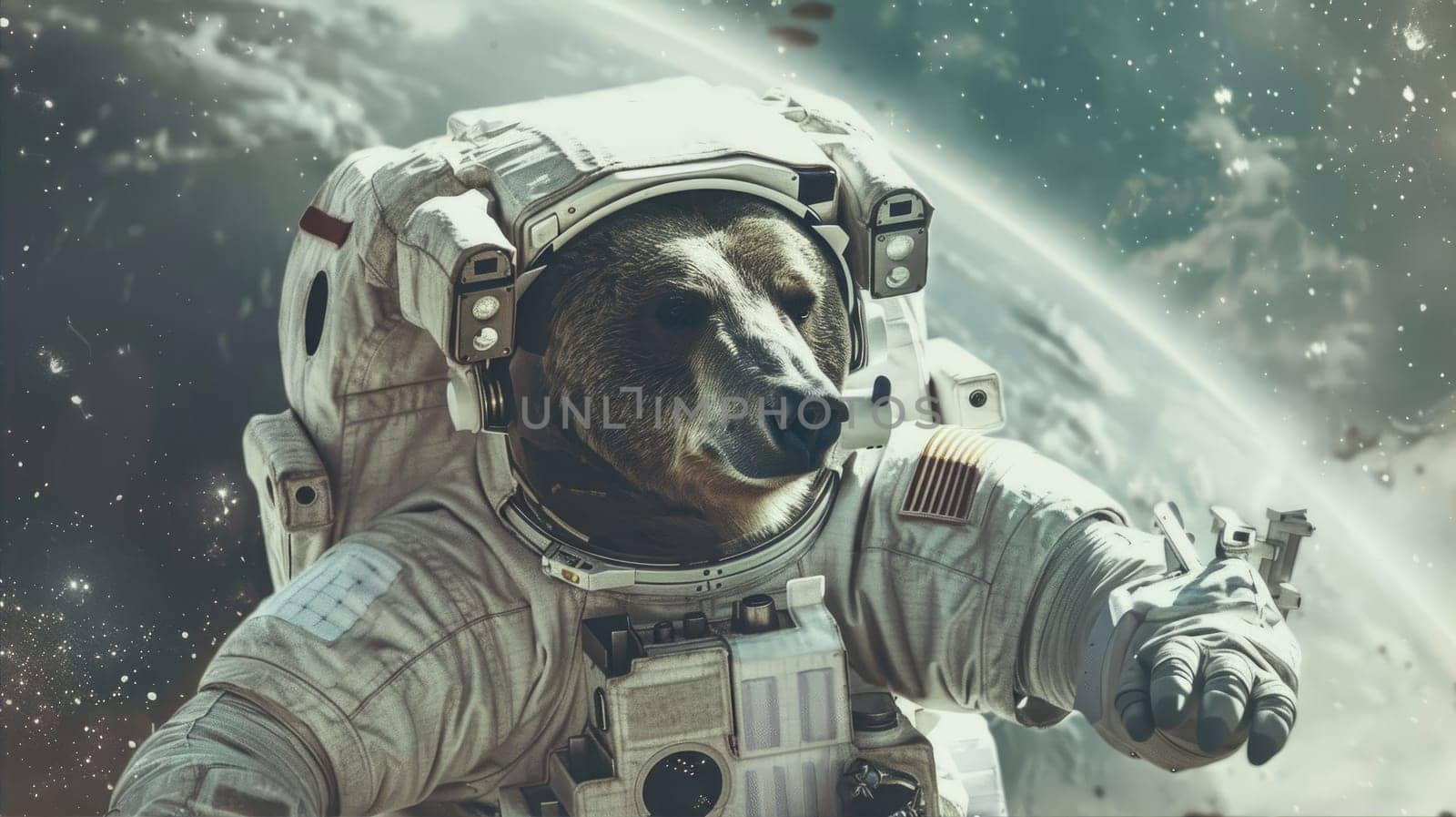 A bear travels through space like an astronaut AI