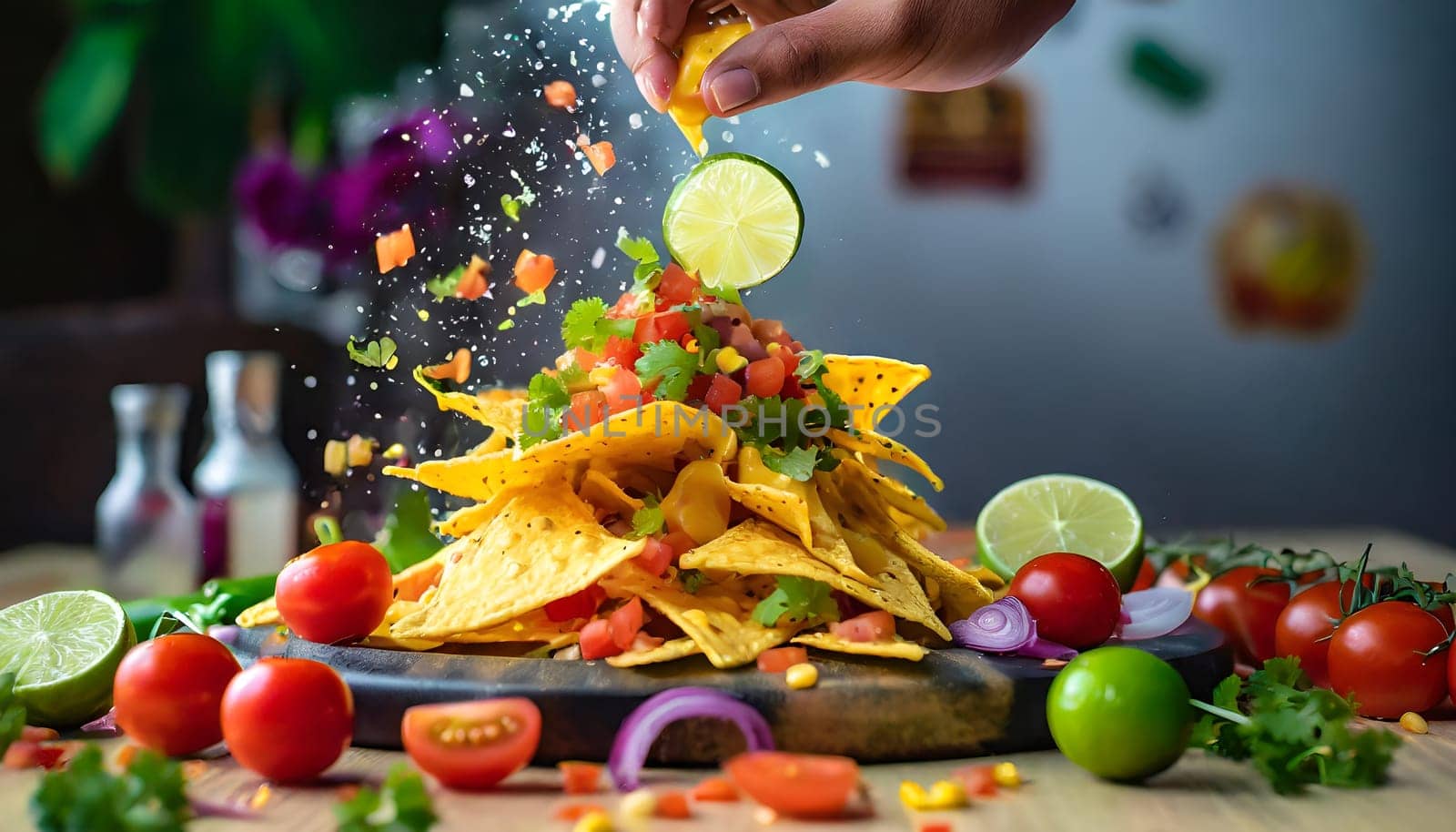 Powerful explosion of yellow dust from a shrimp taco. Falling tacos. by Designlab