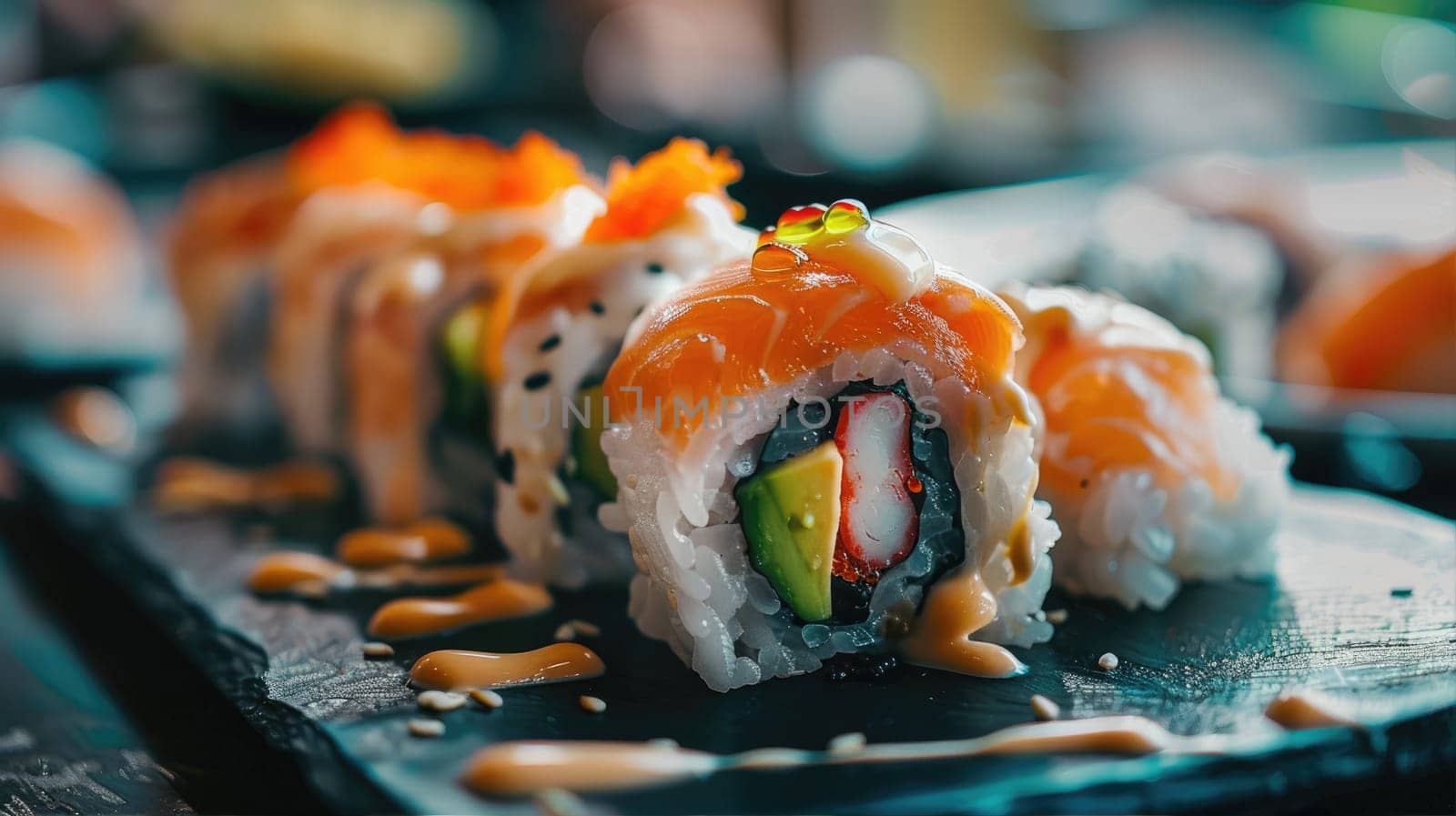 Delicious sushi rolls served on black table by natali_brill