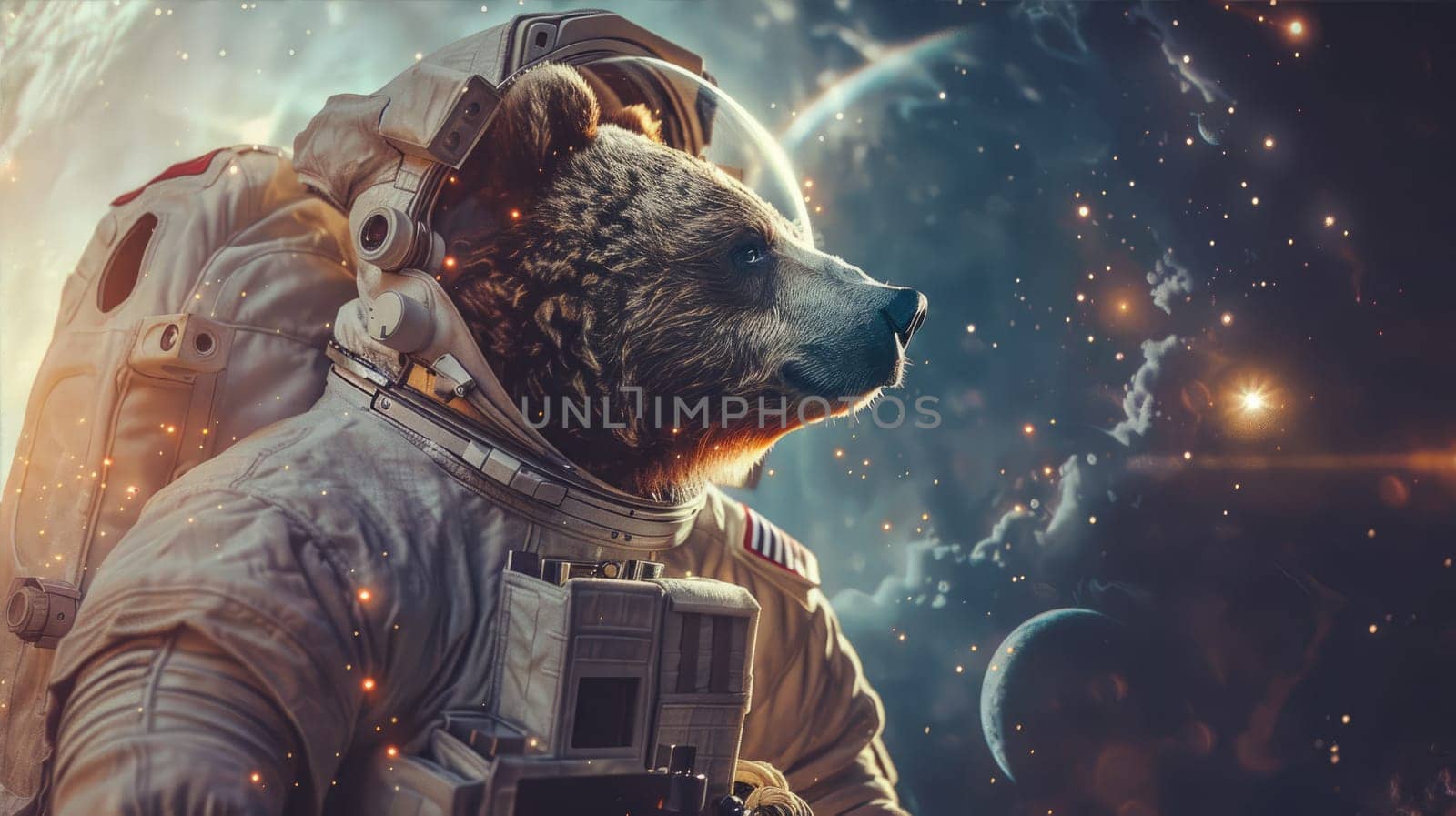 A bear travels through space like an astronaut AI
