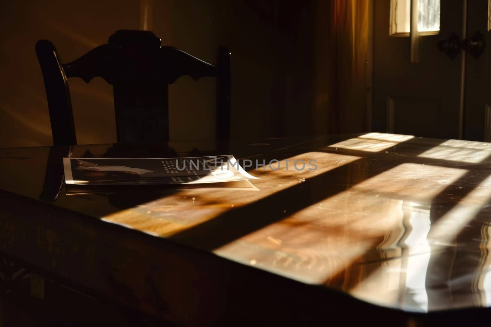 An evocative scene where a solitary photograph lies on a table, bathed in sunlight that casts dramatic shadows, invoking nostalgia and reflection.