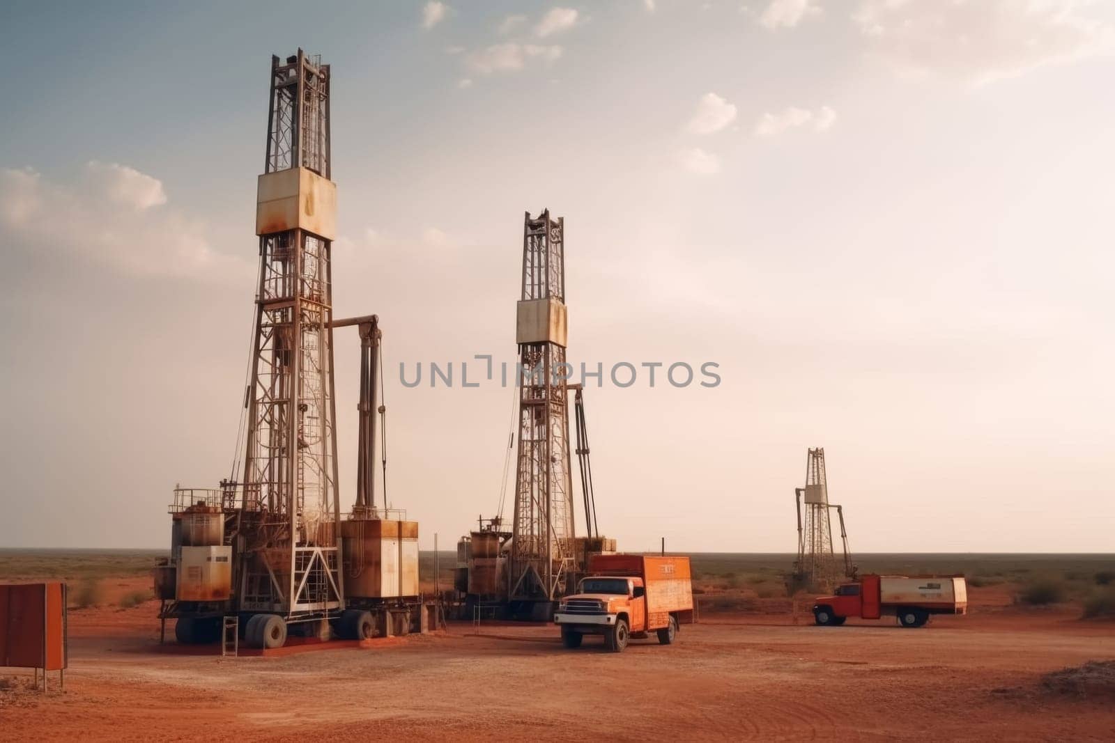 Image capturing the industrial might of oil drilling rigs against the backdrop of a vast, sandy desert under a clear sky.