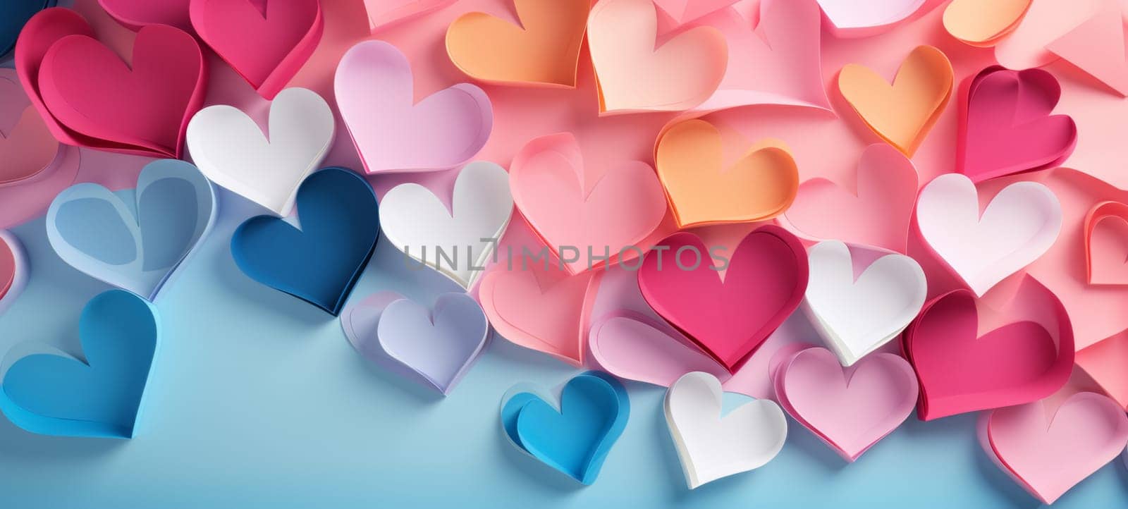 A vibrant collage of paper hearts in shades of blue and red, a symbolic celebration of love and affection