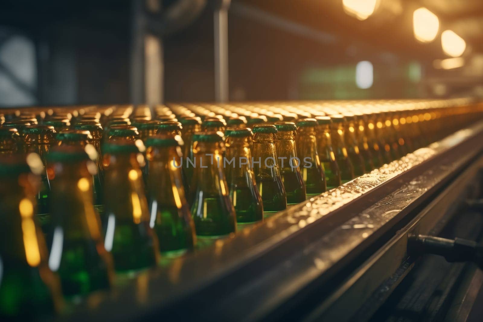 Rows of dark beer bottles on a conveyer belt in a brewery, showcasing the industrial bottling process