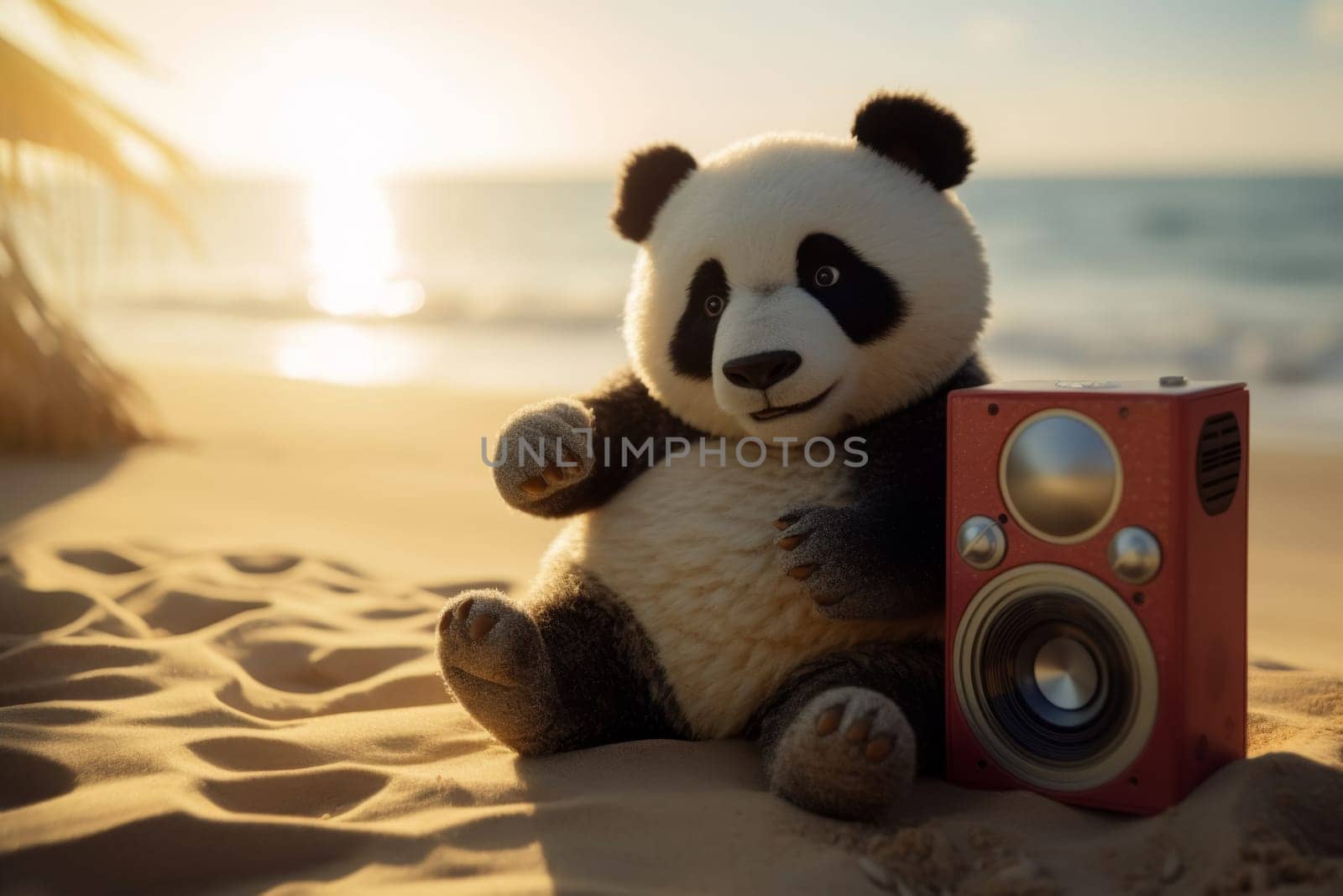 Panda with Camera on Beach by andreyz