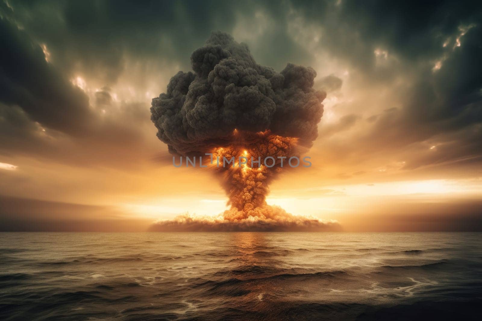 Dramatic depiction of a nuclear explosion, with a massive mushroom cloud rising against a stormy sky, evoking the powerful force and devastating impact of nuclear energy