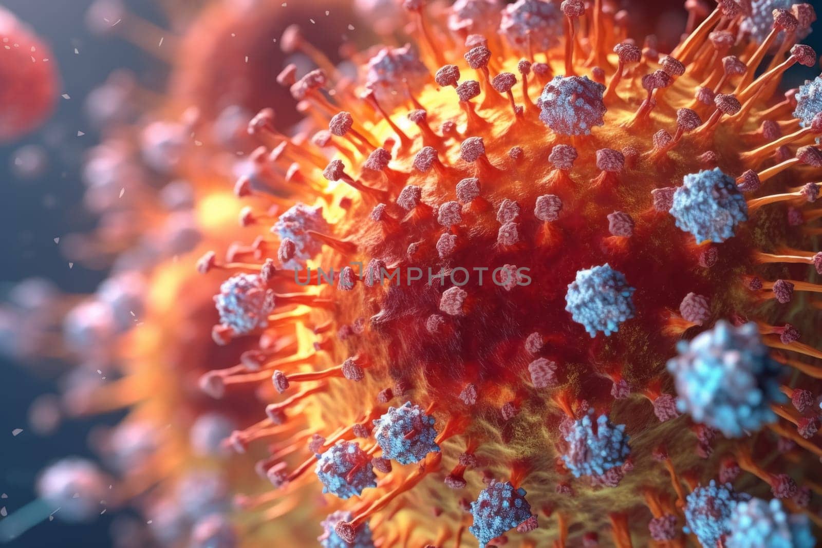 This enhanced close-up image showcases a highly detailed microscopic view of a virus with prominent spike proteins, emphasizing the subject's scientific and medical relevance