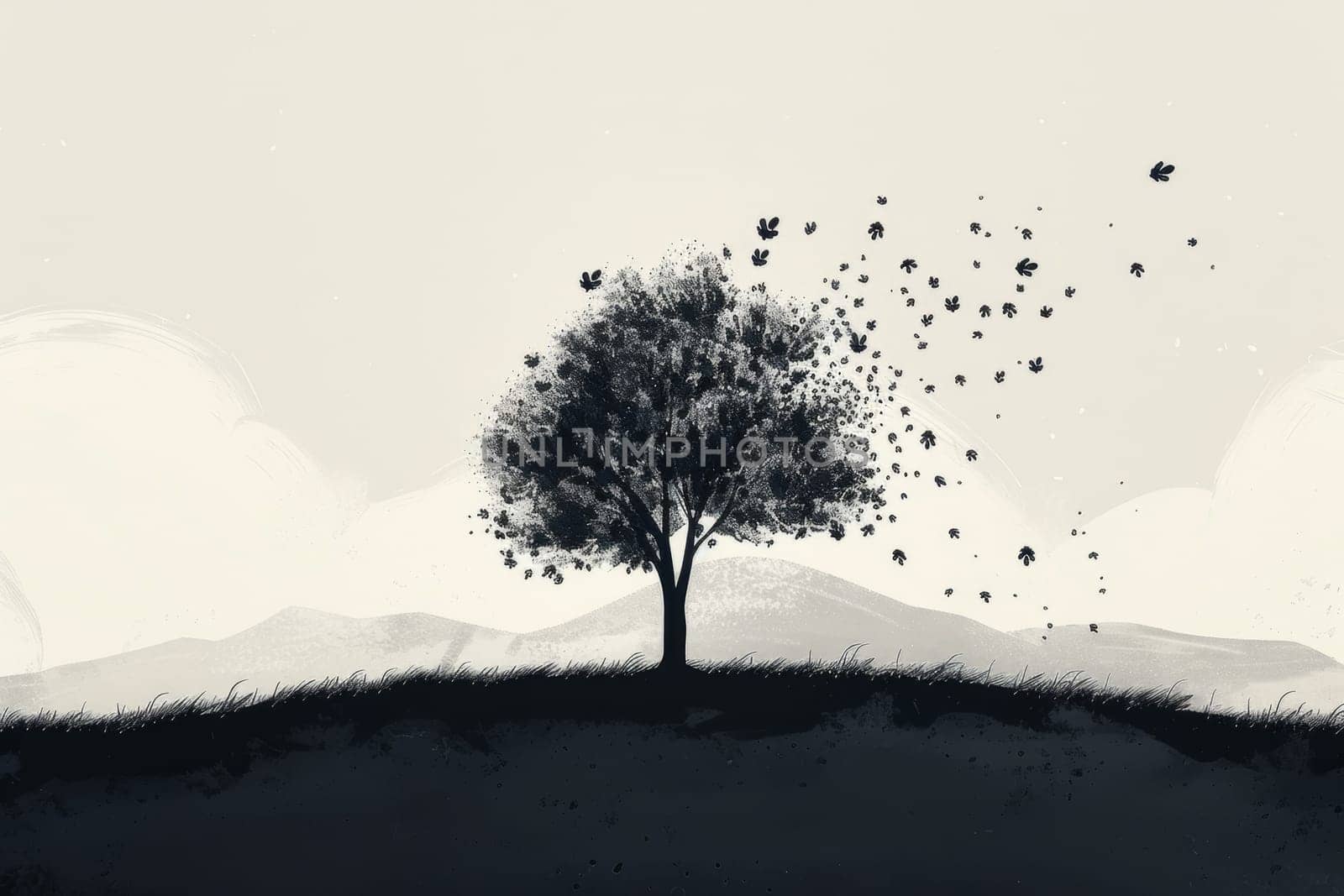 Stark black and white illustration featuring a solitary tree with leaves dispersing in the wind, set against rolling hills.