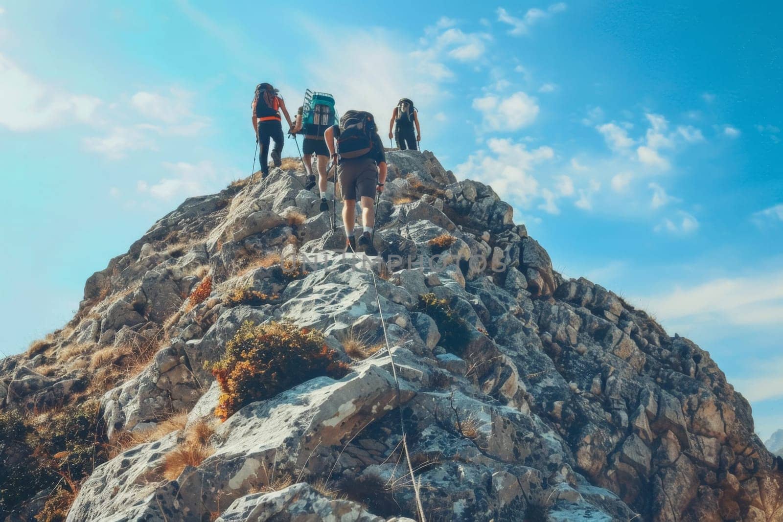 A group of friends reach the summit of a rugged mountain peak under a clear blue sky, showcasing the spirit of adventure and teamwork