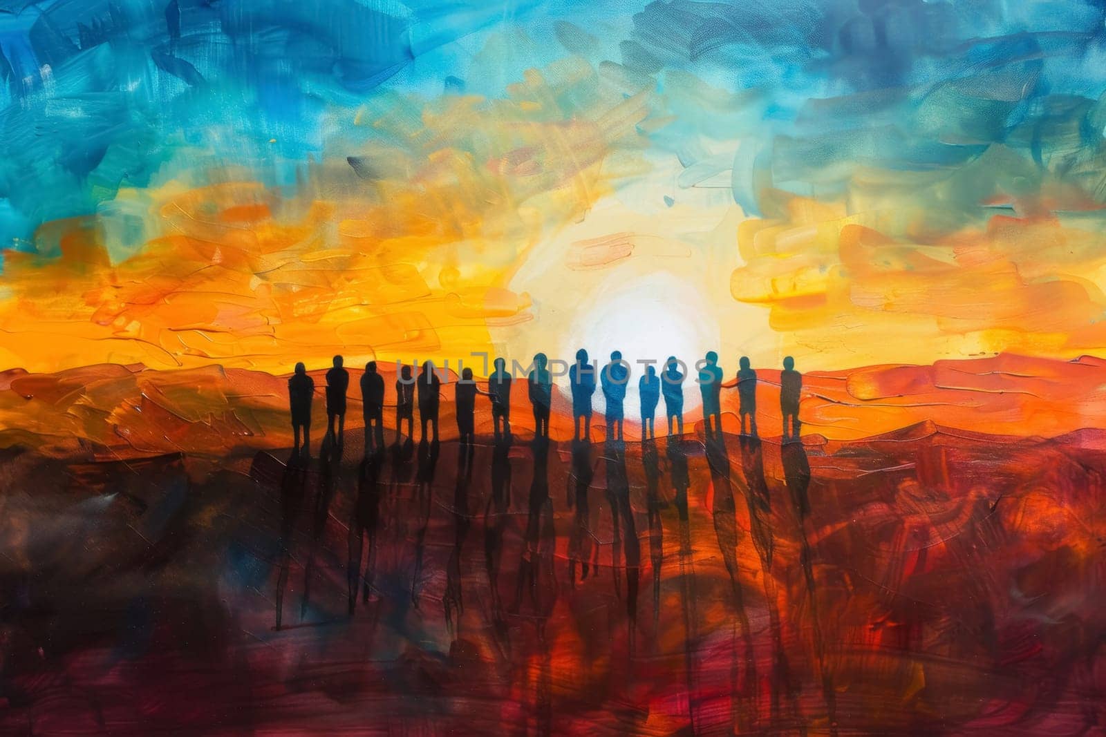 An abstract expressionist painting capturing the stark silhouettes of figures against a vibrant sunrise with dripping paint details enhancing the dramatic effect