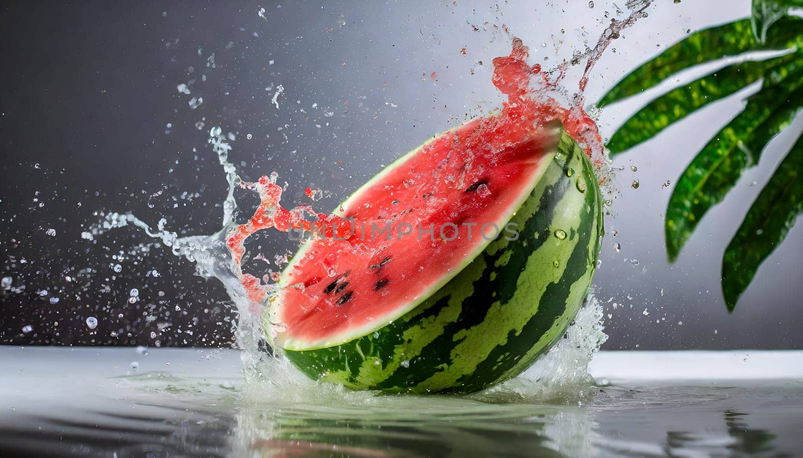 A watermelon drops, splashing water around. High quality photo