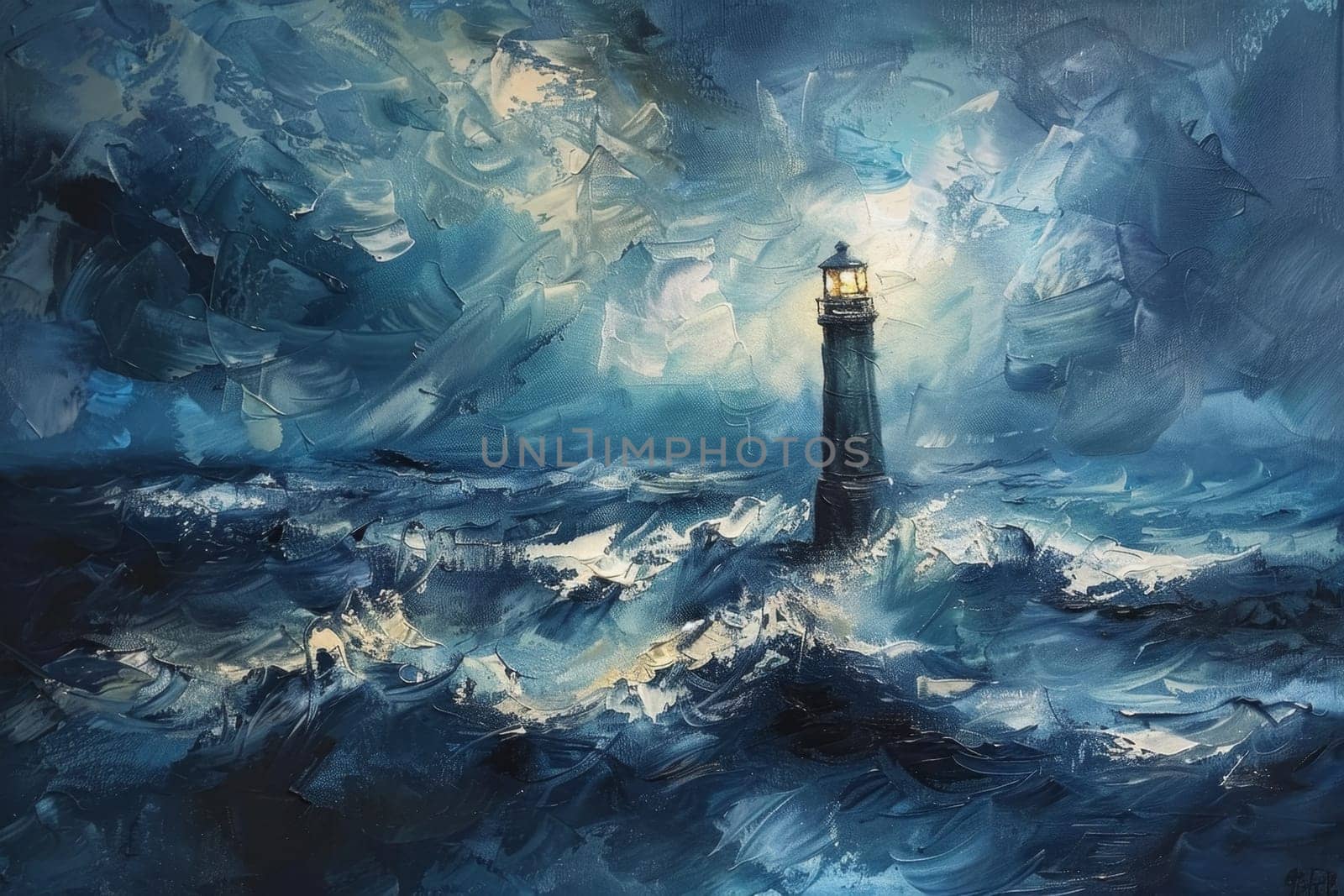 A tempestuous sea swirls around a steadfast lighthouse in this dynamic expressionist painting, rich with textured brushstrokes and a moody palette