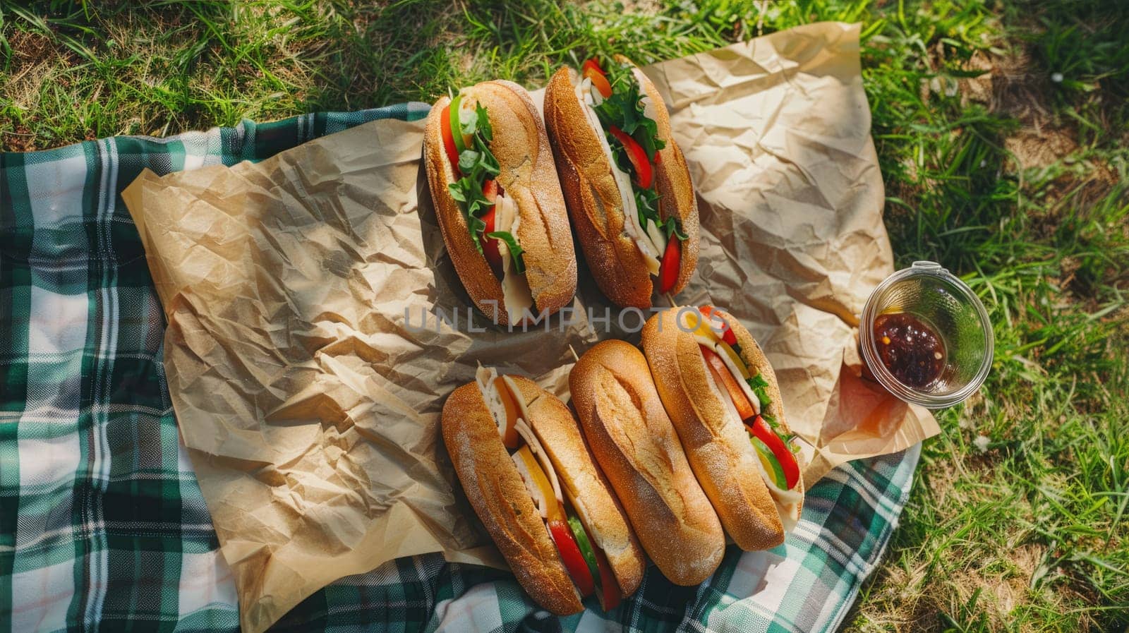 Fresh tasty sandwiches on craft paper on a blanket on the grass by natali_brill