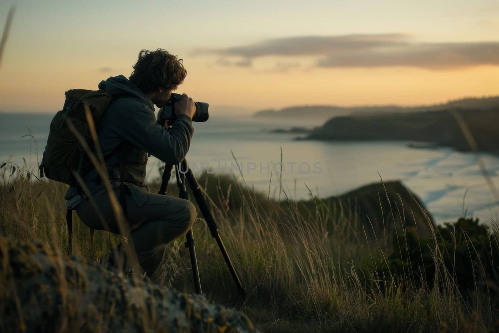 A solitary photographer is immersed in capturing the tranquil beauty of a landscape at dusk, with the golden light softening the rugged terrain.