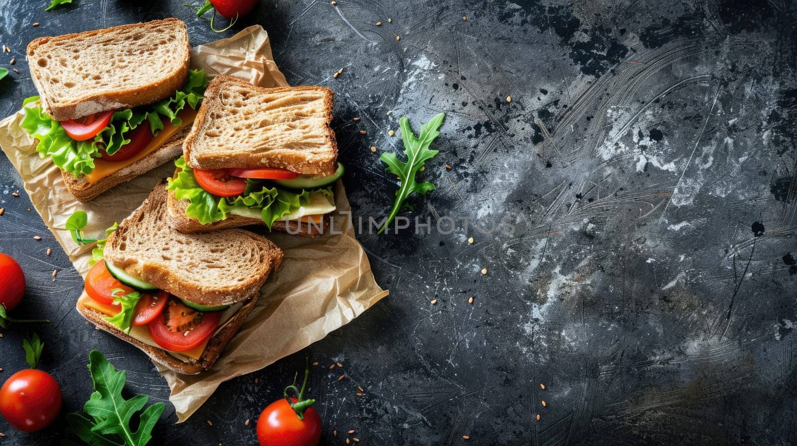 Fresh tasty sandwiches on craft paper on a dark background by natali_brill
