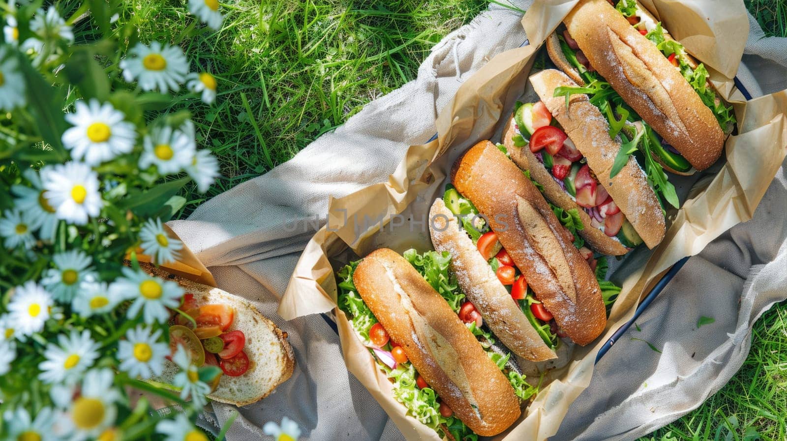 Fresh tasty sandwiches on craft paper on a blanket on the grass by natali_brill