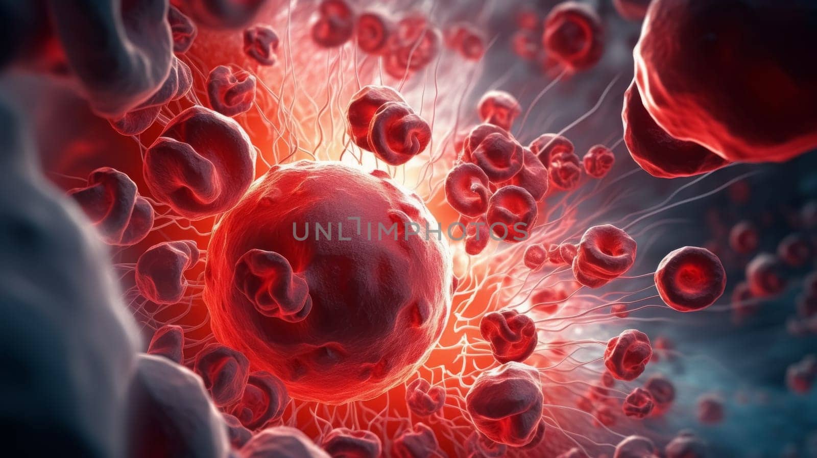 A detailed 3D illustration depicting mutated red blood cells within a vein, representing the effects of radiation on human blood