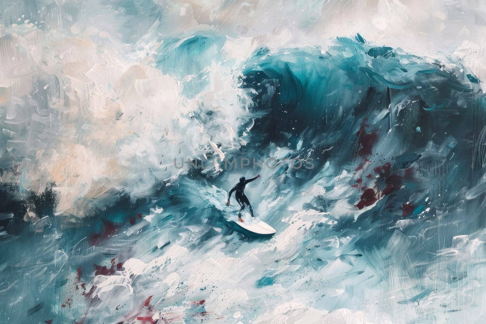 An expressionistic painting portrays the dynamic movement of a surfer riding a tumultuous wave, invoking a sense of passion and risk