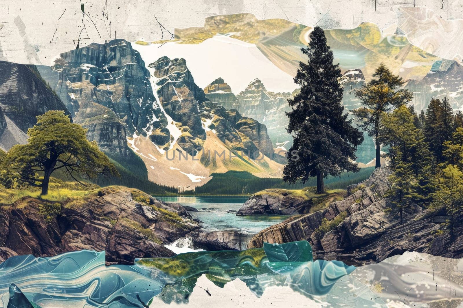An artful collage depicting a harmonious mix of mountains, forested areas, and water bodies, evoking a sense of peace and natural splendor.