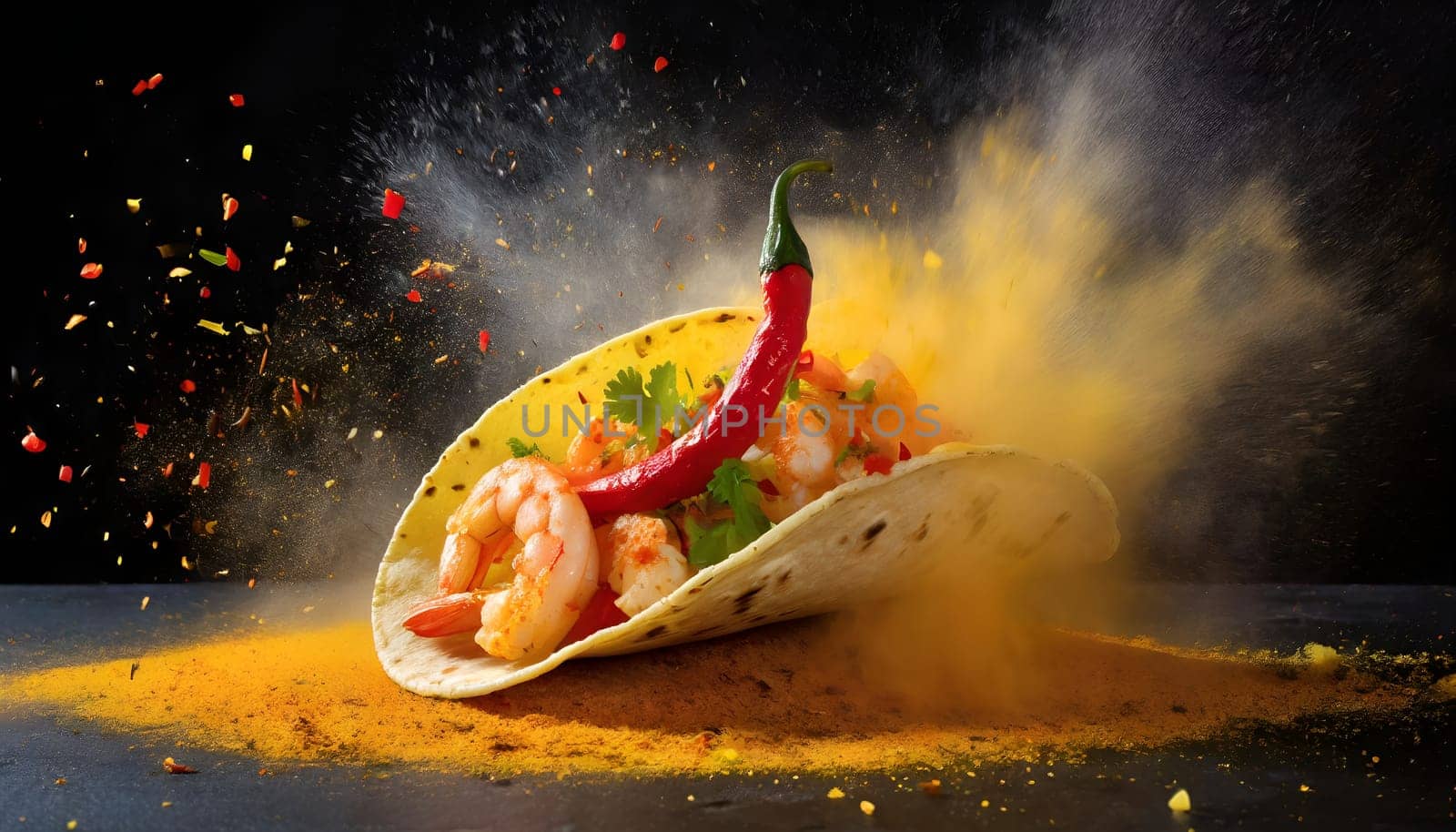 Powerful explosion of yellow dust from a shrimp taco. Falling tacos. High quality photo
