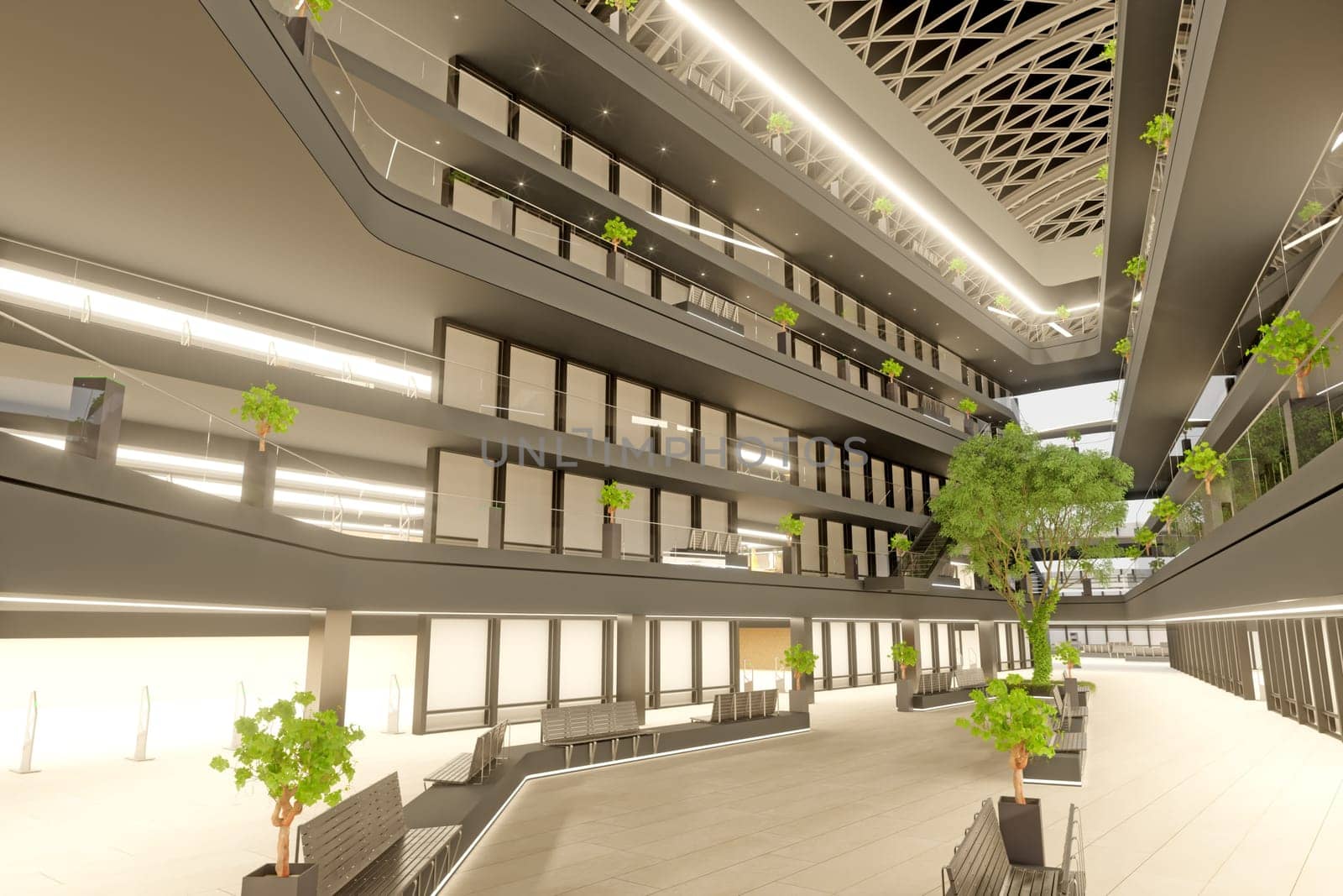 3d render of modern office building interior design with green plant.