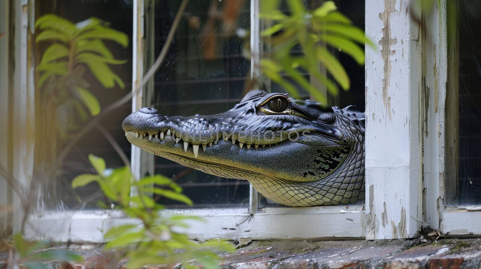 A crocodile climbed into an old abandoned house AI