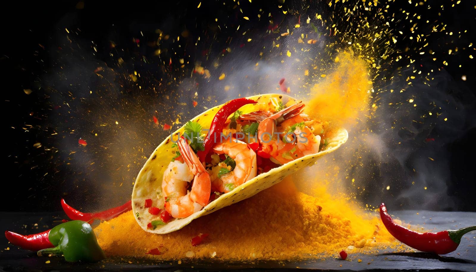 Powerful explosion of yellow dust from a shrimp taco. Falling tacos. by Designlab
