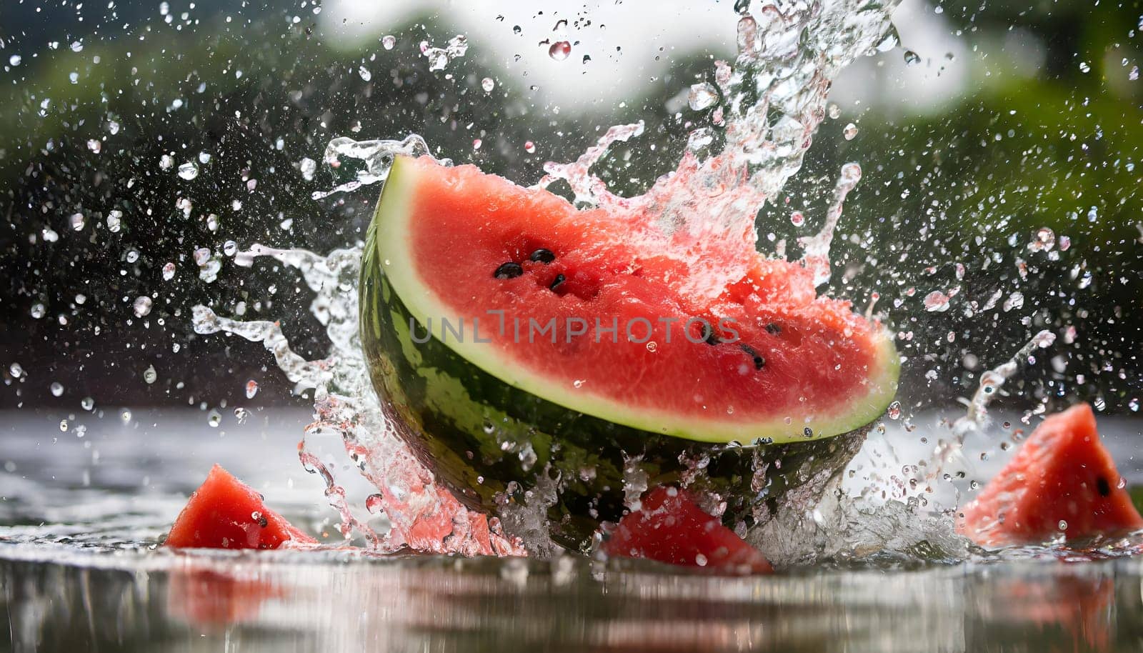A watermelon drops, splashing water around. High quality photo