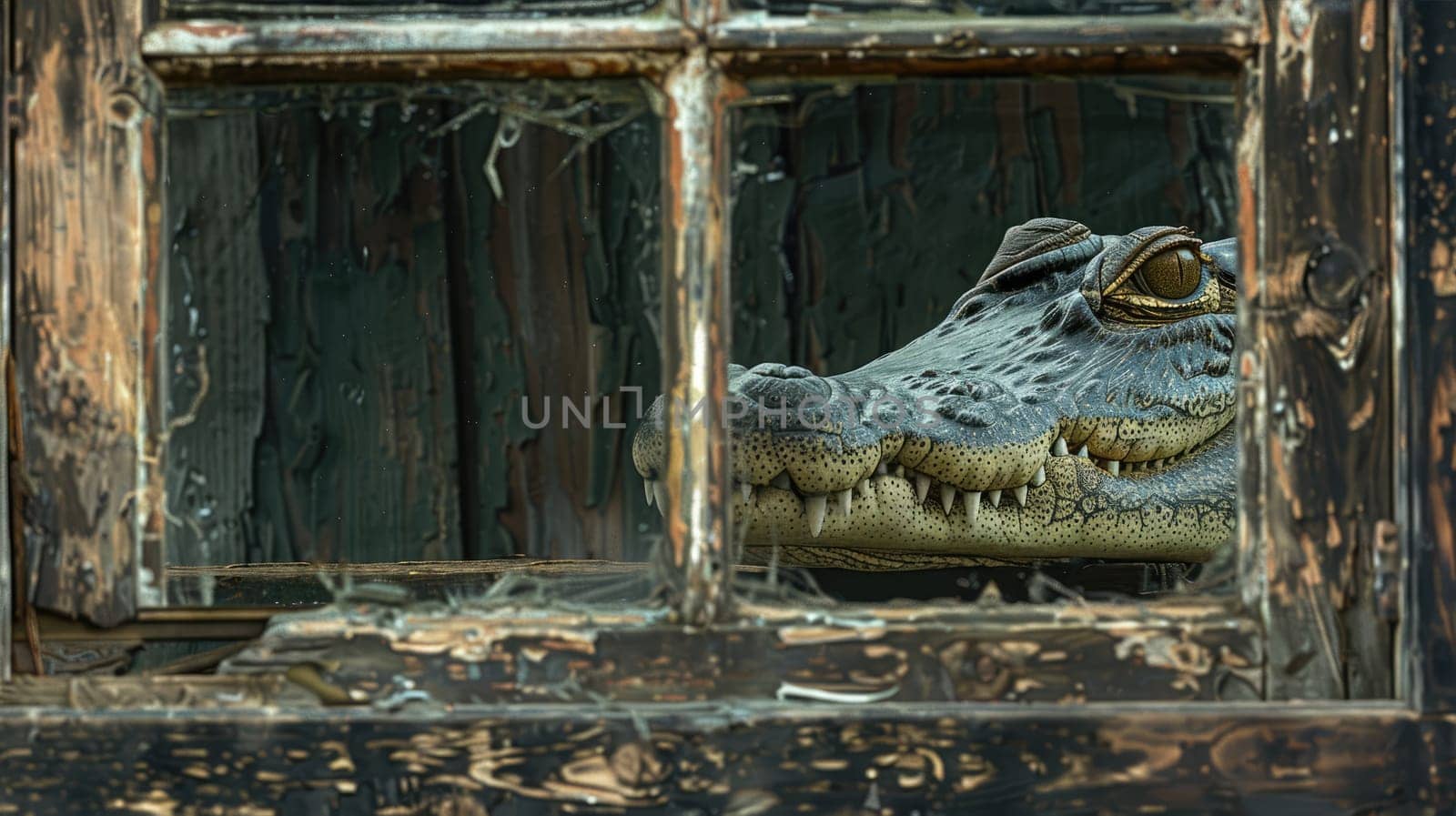 A crocodile climbed into an old abandoned house AI
