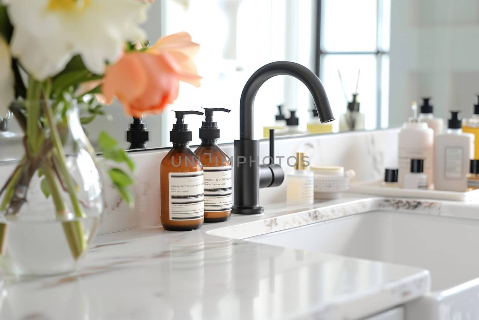 A clean, well-lit bathroom presents an elegant morning routine setup with fresh flowers and designer toiletries neatly arranged by the sink
