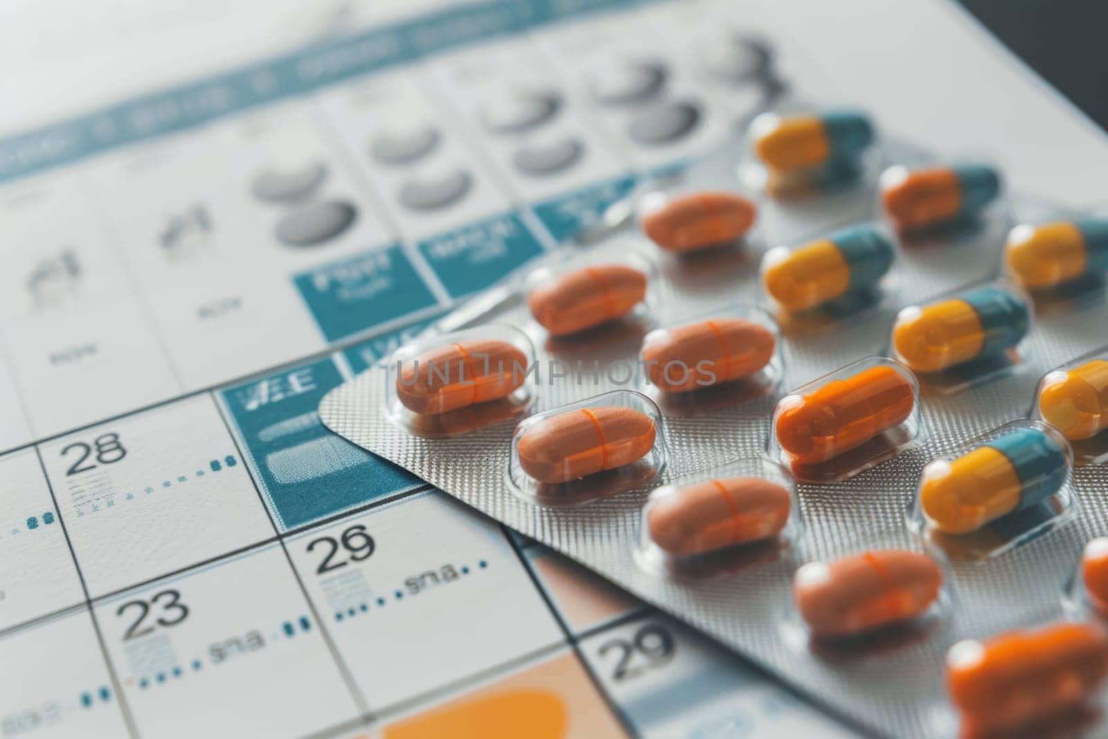 Blister packs of pills organized beside a calendar, depicting the careful management of medication schedules for health treatment