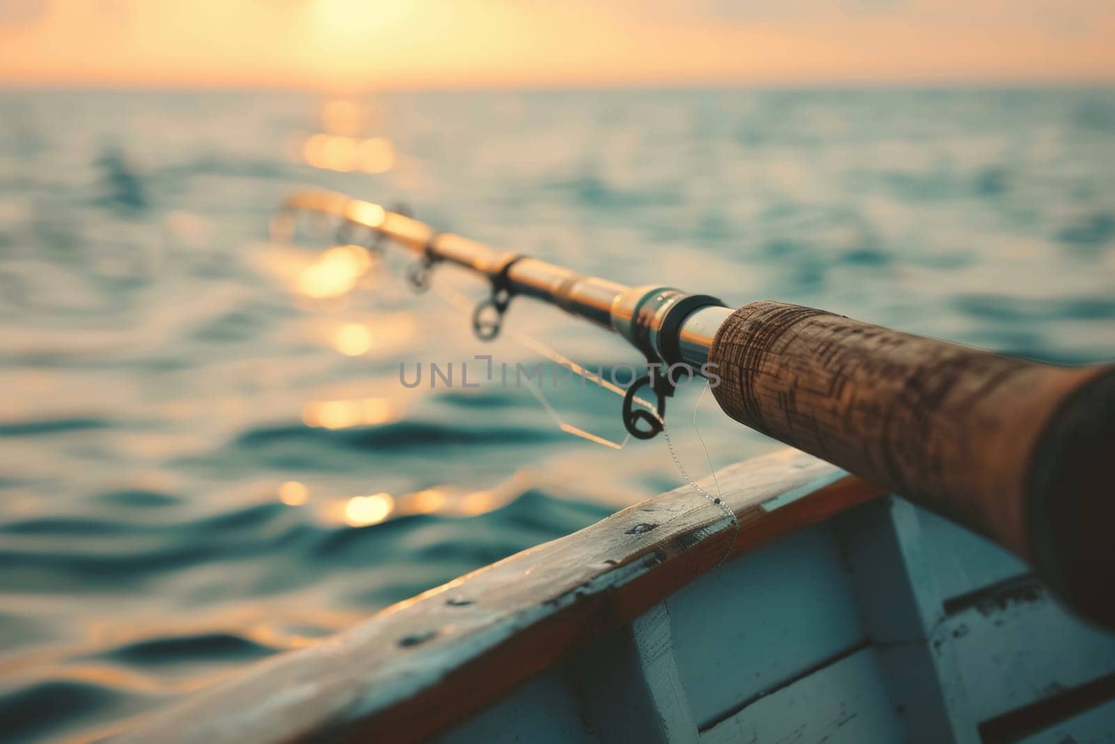 The curve of a fishing rod silhouetted against the shimmering ocean sunset, promising adventure and tranquility