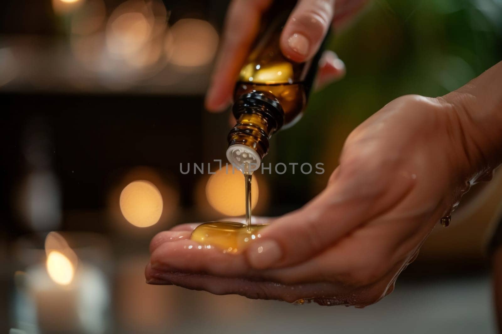 Pouring Oil in Hand for Foot Treatment by andreyz