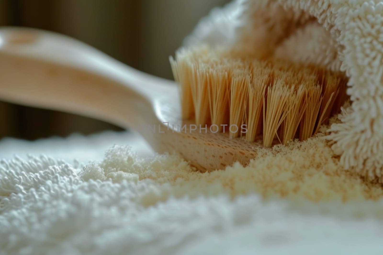 A close-up showcases the method of dry brushing on skin with suds, promoting the concept of wellness and self-care