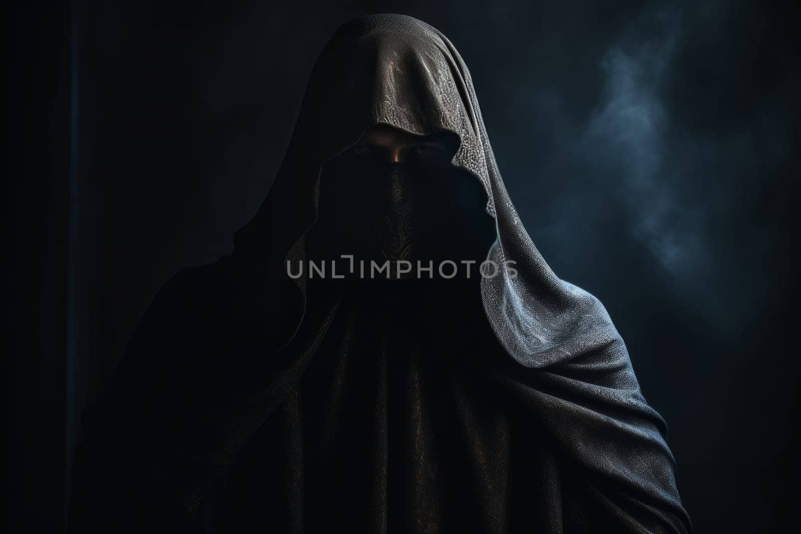 An enshrouded figure in a dark cloak, face obscured in shadows, creates an air of mystery and foreboding, suggestive of future prediction and the unknown