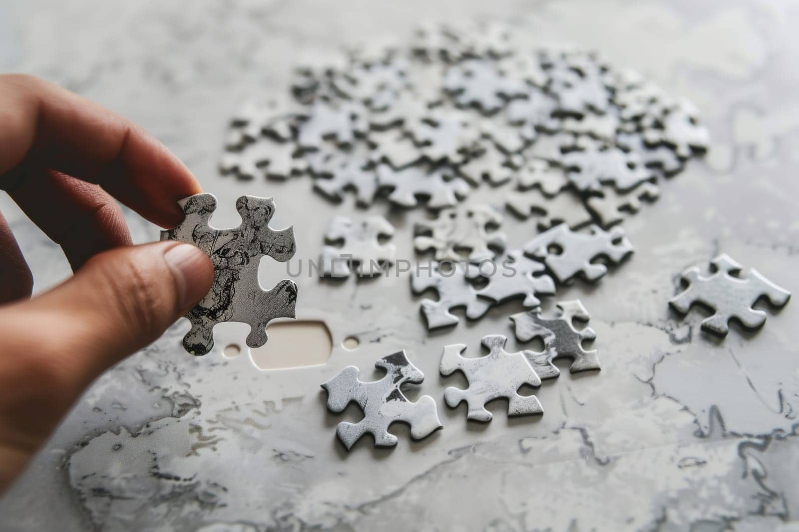 Close-up of a hand positioning the final piece of a silver jigsaw puzzle on a marbled background, depicting problem-solving