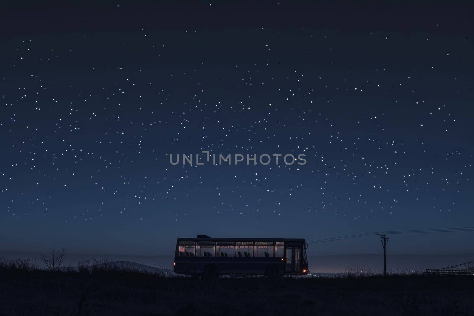 A bus travels through the night under a starlit sky, offering a tranquil nocturnal scene.