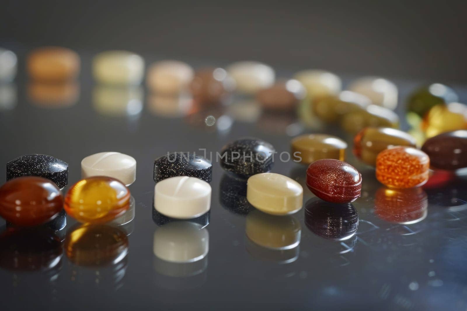 A close-up view of various pills, each with a distinct color and texture, arranged in a precise gradient, reflecting meticulous care and organization