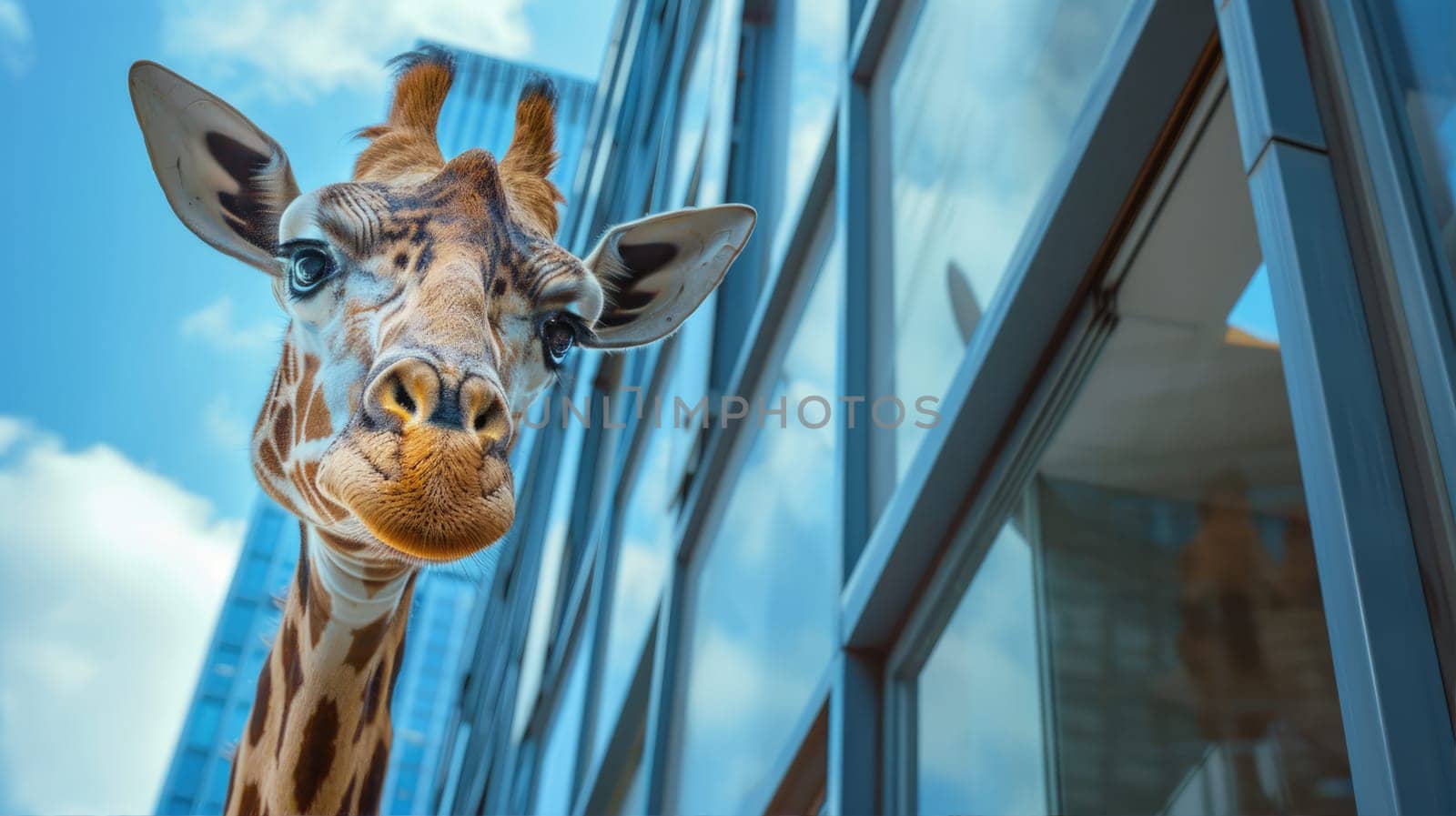 Giraffe in the city, looking up at skyscrapers. A giraffe near the window of an office building. AI