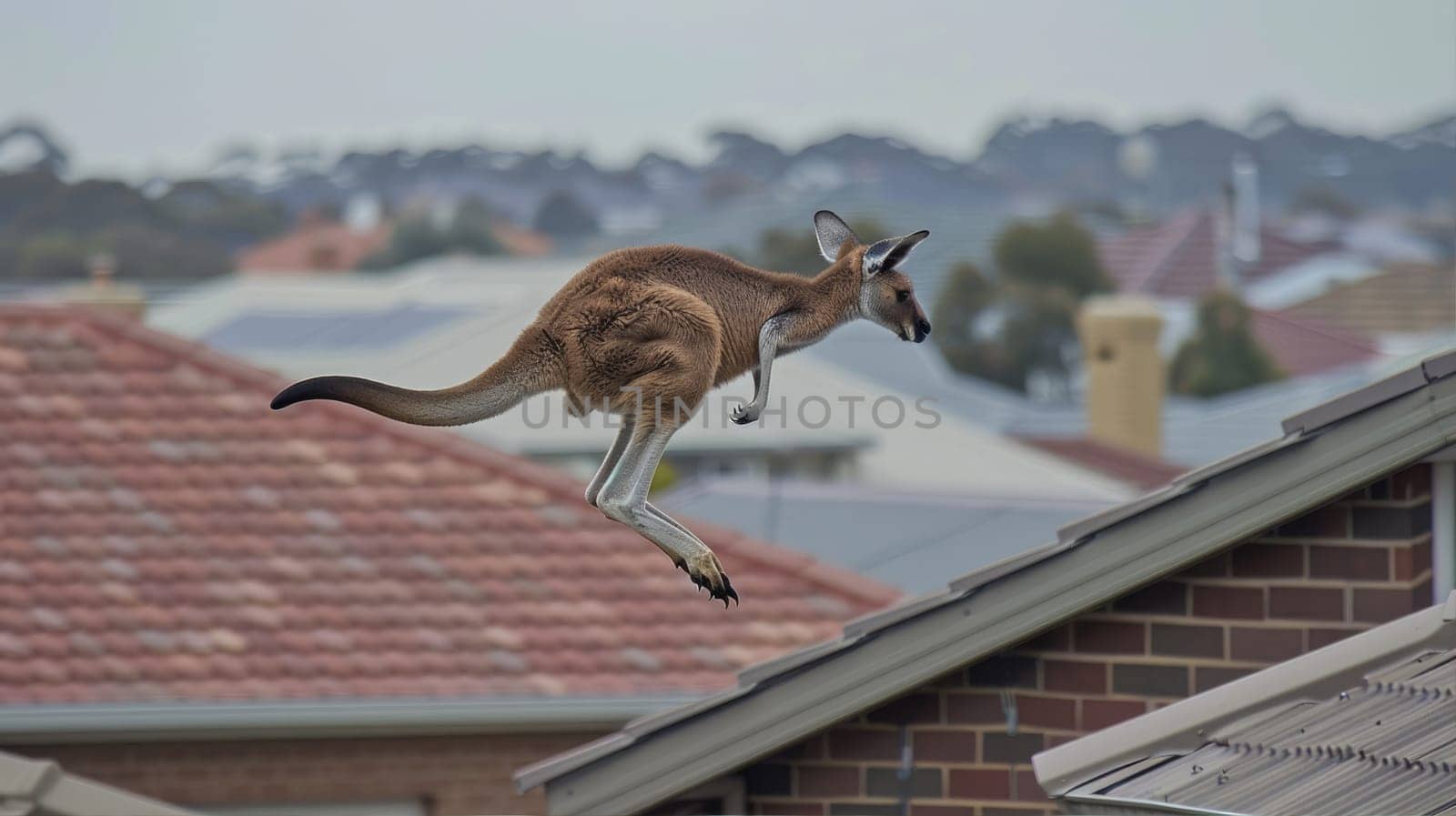 A kangaroo jumps in a residential area. AI