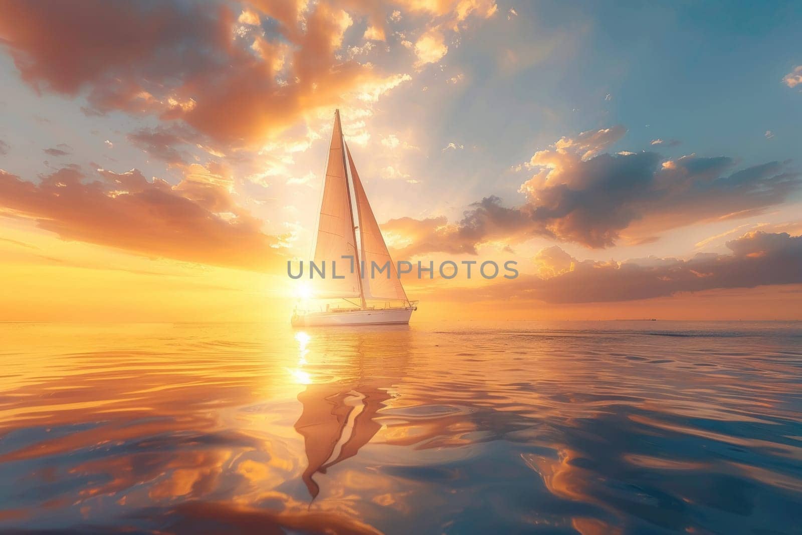 Sailboat sailing at sunset on calm sea. by andreyz