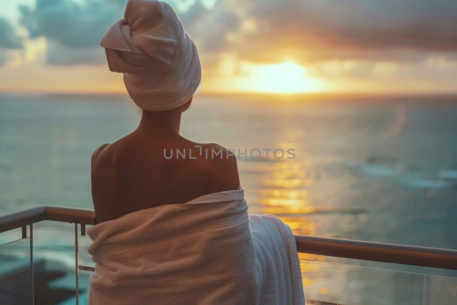 The back view of an individual in a towel, peacefully observing the sunset from a ship's deck, evokes a sense of calm and reflection