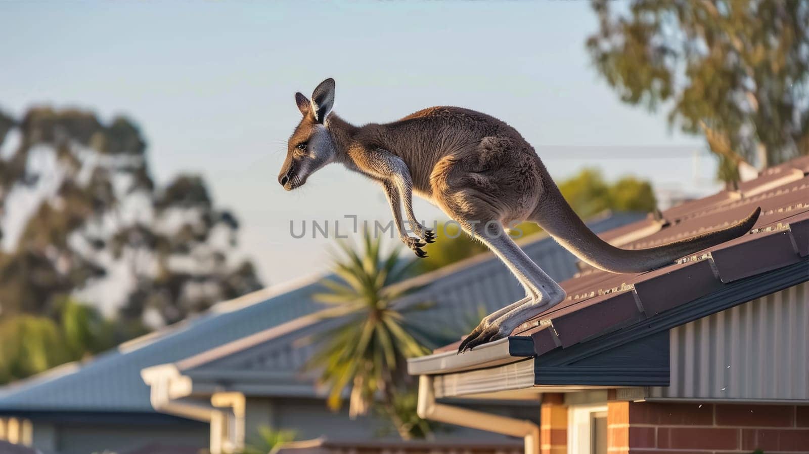 A kangaroo jumps in a residential area. by natali_brill