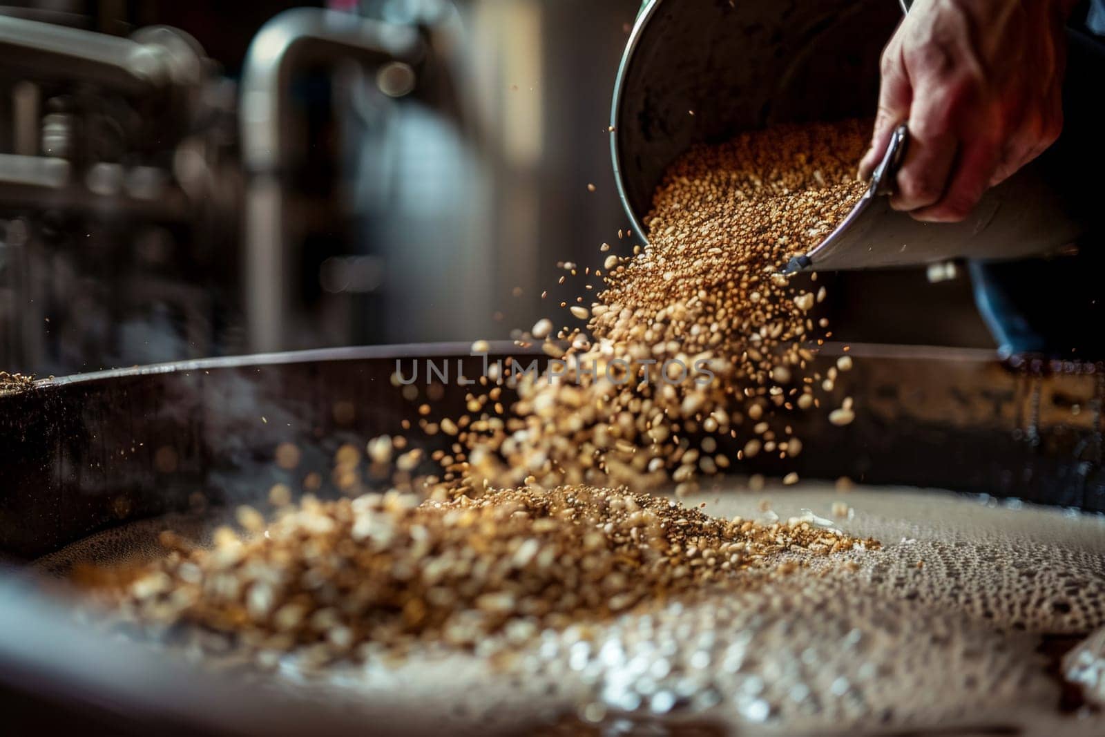 A brewer skillfully pours a cascade of malted grains into a mash tun, a crucial step in crafting the distinct flavors of beer