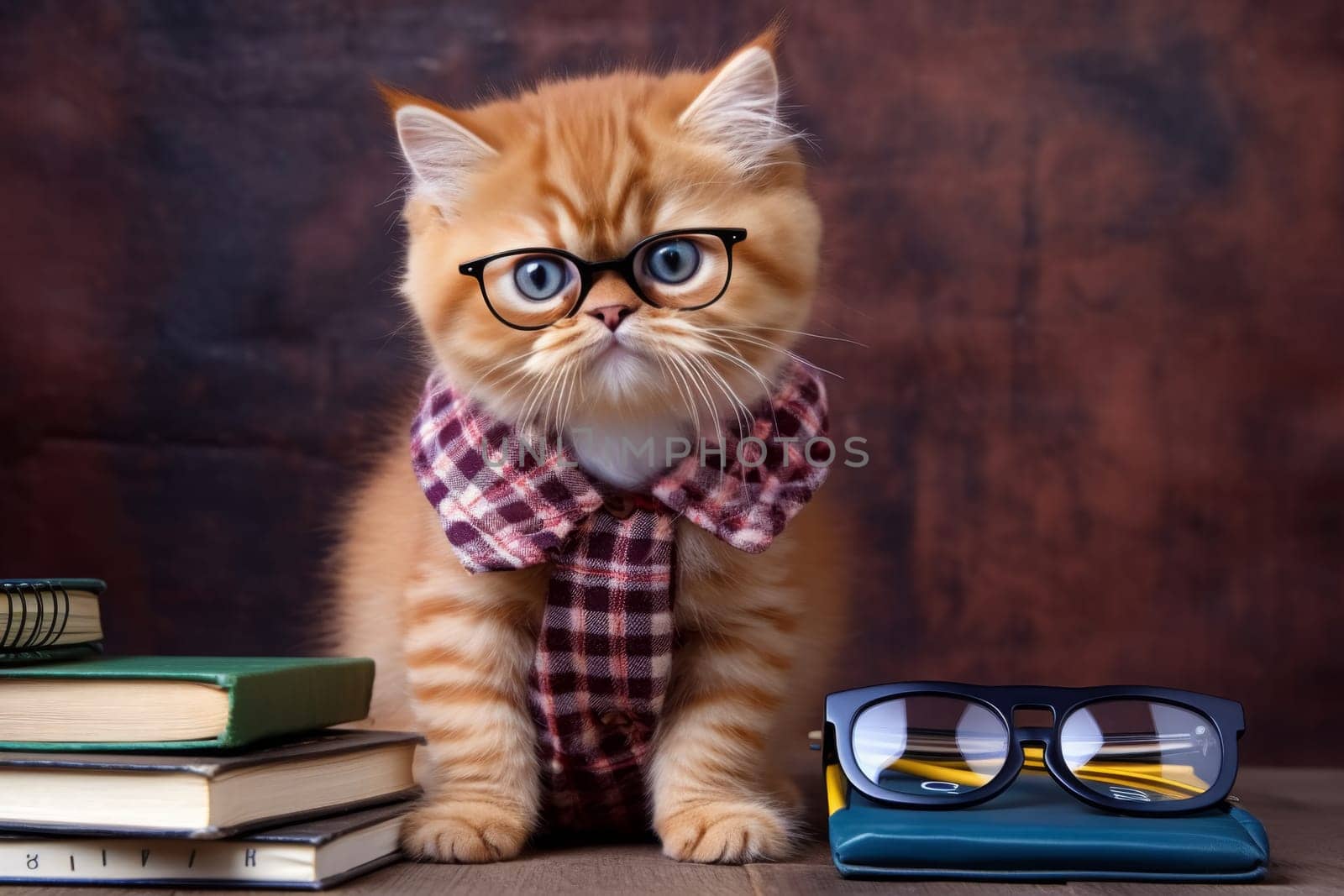 A charming tabby cat with striking glasses sits at a wooden desk, ledger book open, as it humorously pretends to manage finances, invoking a sense of meticulous budgeting with a whimsical twist