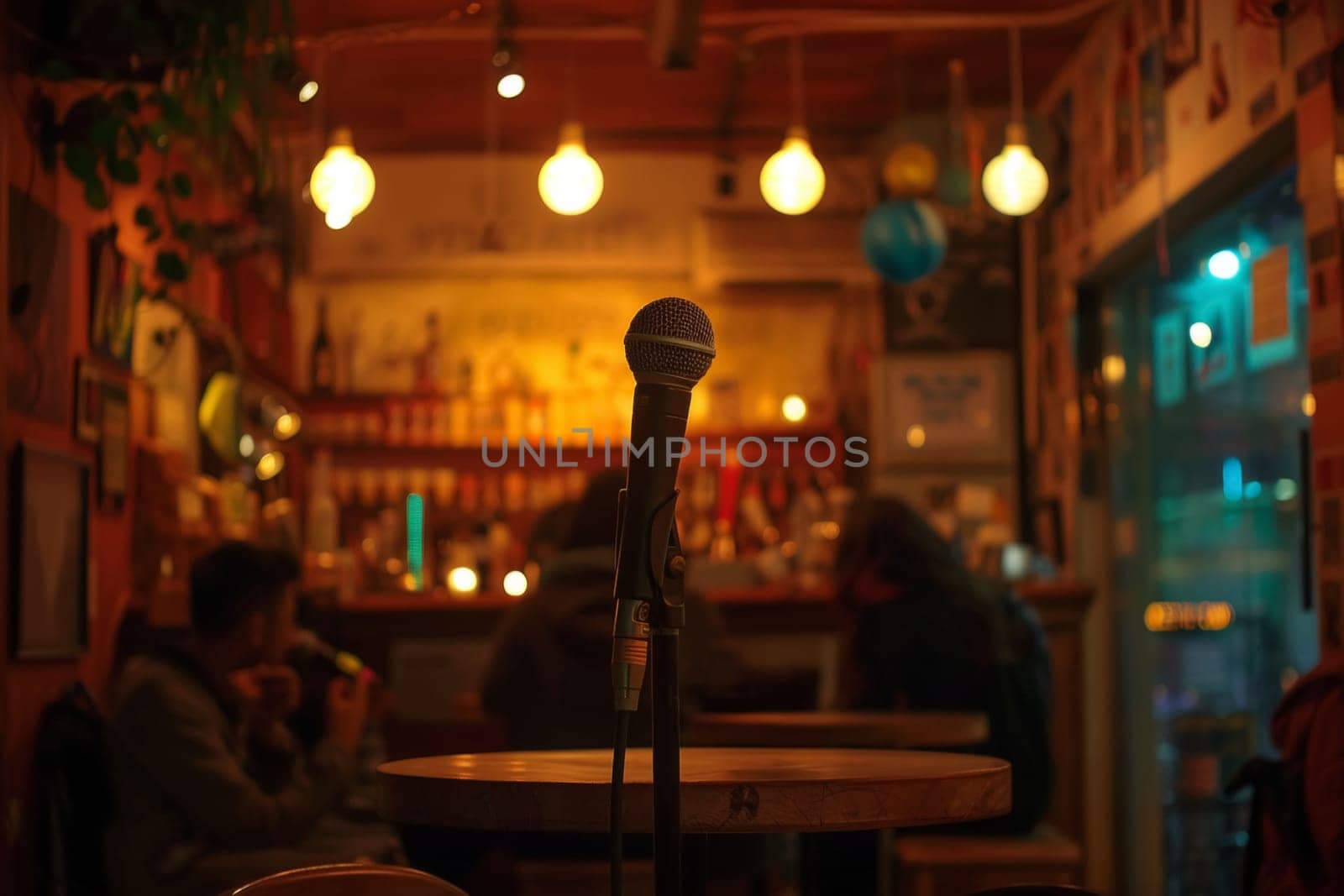 A microphone stands ready in a warm, inviting cafe setting, anticipating the thrum of a lively poetry slam event