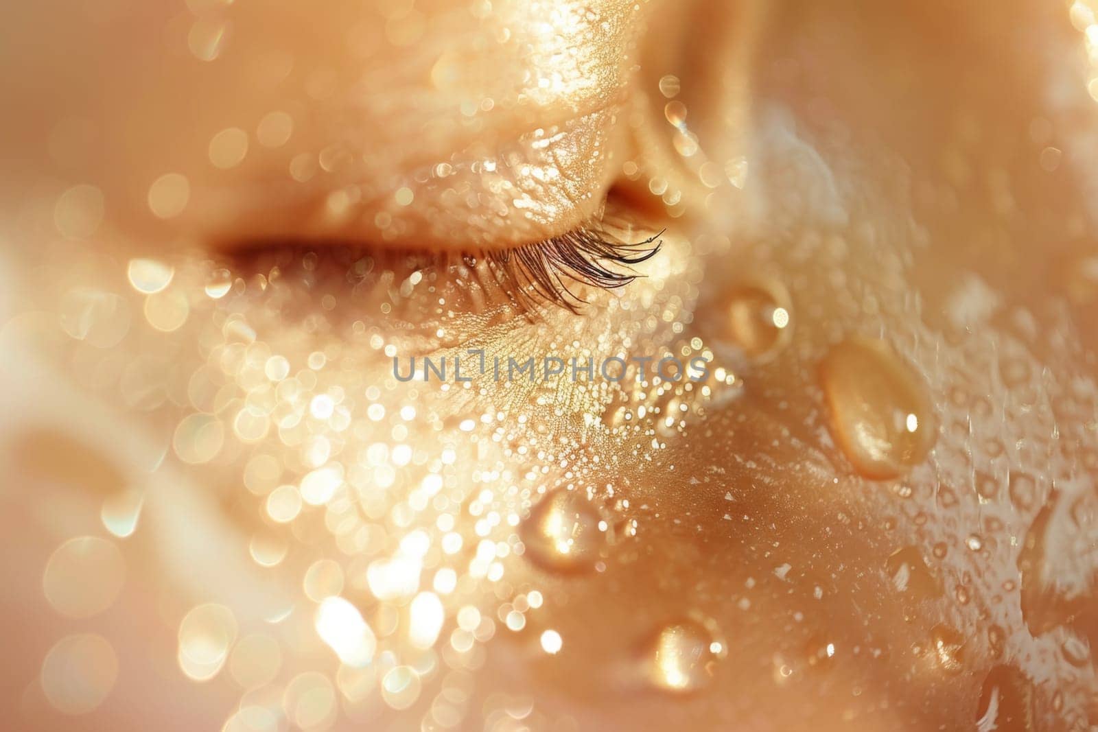 Detailed shot of a closed eye with dewdrops creating a sparkling effect on the lashes, enhanced by soft light.