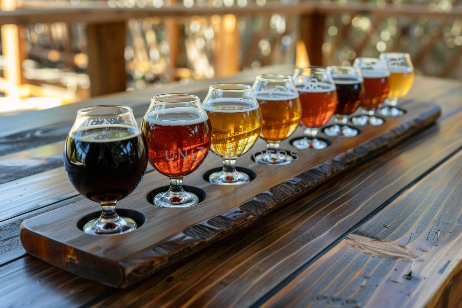 An array of craft beers presented in a tasting flight, showcasing a gradient of colors from pale gold to deep amber on a rustic wooden bar top