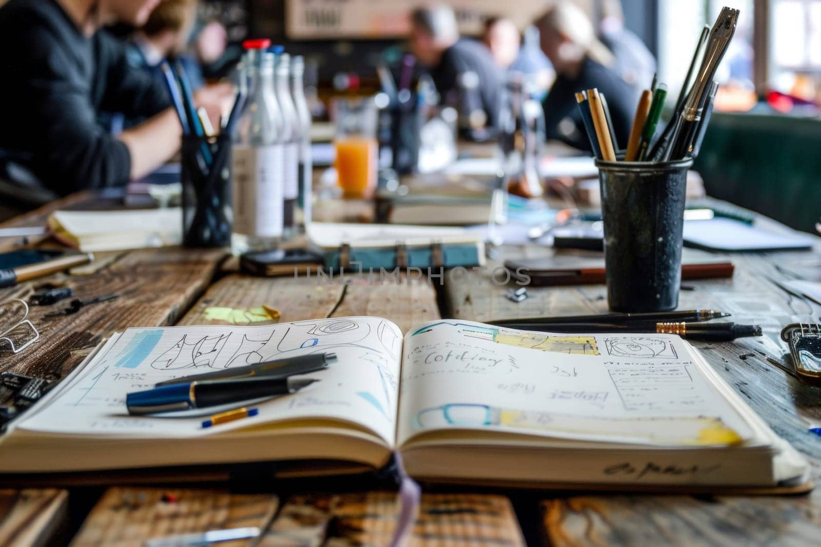 An open notebook filled with sketches and writing ideas lies amidst a cluttered table with pens and art supplies, capturing the essence of a creative brainstorming session