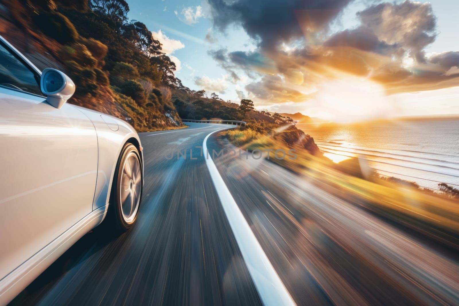 A convertible car racing along a beautiful coastal route, the golden hour sun casting warm light on an open road trip